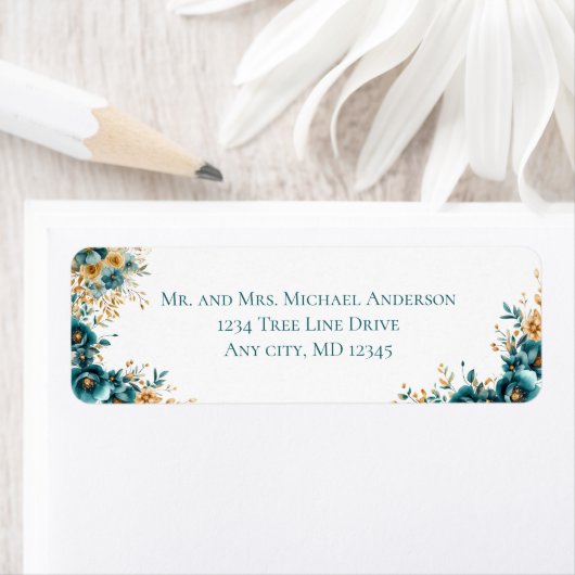 Teal Gouden Waterverf Bloem Retouradres Etiket (Insitu)