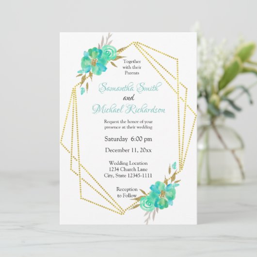 Teal Gouden Waterverf Bloemige Geometrische Stippe Kaart (Staand voorkant)