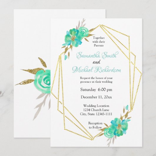 Teal Gouden Waterverf Bloemige Geometrische Stippe Kaart (Voorkant / Achterkant)