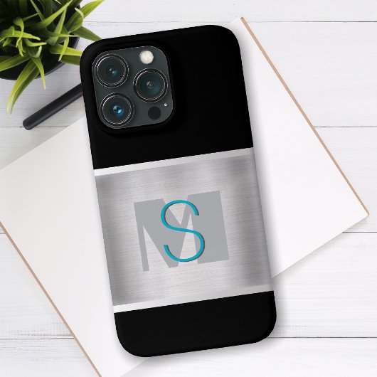 Teal & Gray Monogram, Geborsteld Zilver, Zwart Case-Mate iPhone Case