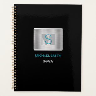 Teal & Gray Monogram, Naam, Jaar Zilver & Zwart Planner
