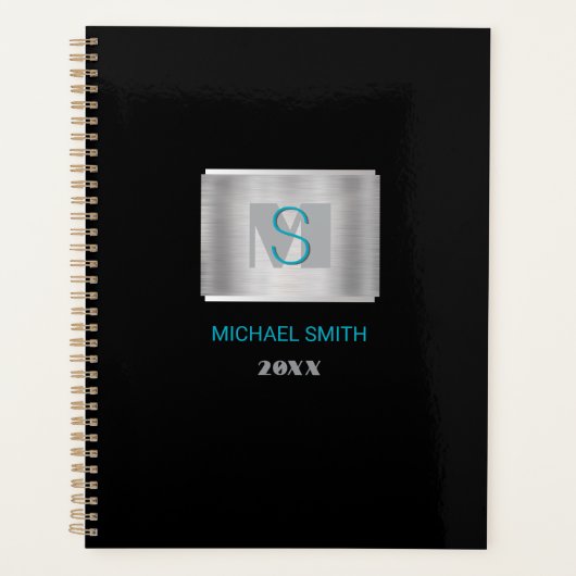 Teal & Gray Monogram, Naam, Jaar Zilver & Zwart Planner (Voorkant)