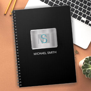 Teal & Gray Monogram, Witte naam, Zilver, Zwart Notitieboek