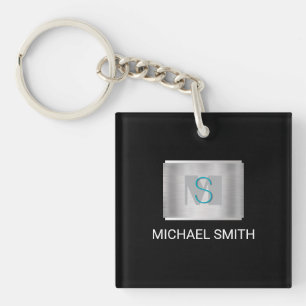 Teal & Gray Monogram, Witte naam Zilver, Zwart Sleutelhanger