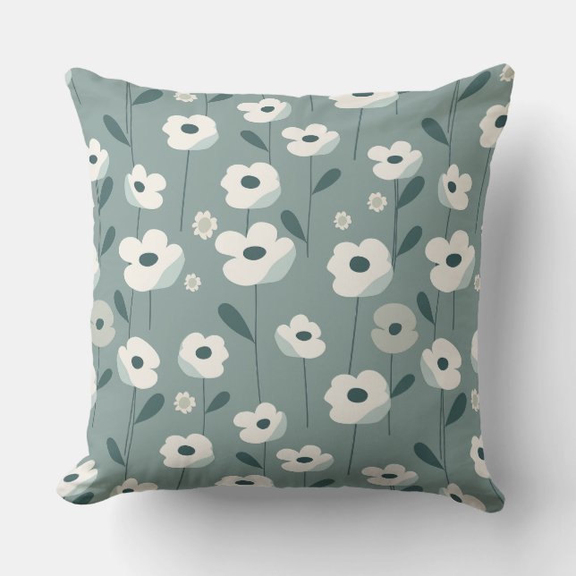 Teal Green and White Floral Throw Pillow Buitenkussen (Voorkant)