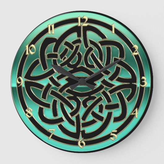 Teal Green Black and Gold Celtic Knot Wall Clock Grote Klok (Voorkant)