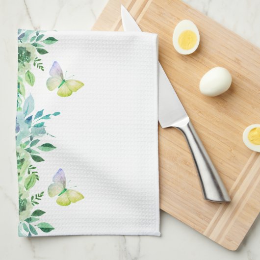 Teal Green Botanical Butterflies Kitchen Towel Theedoek (Quarter Fold)