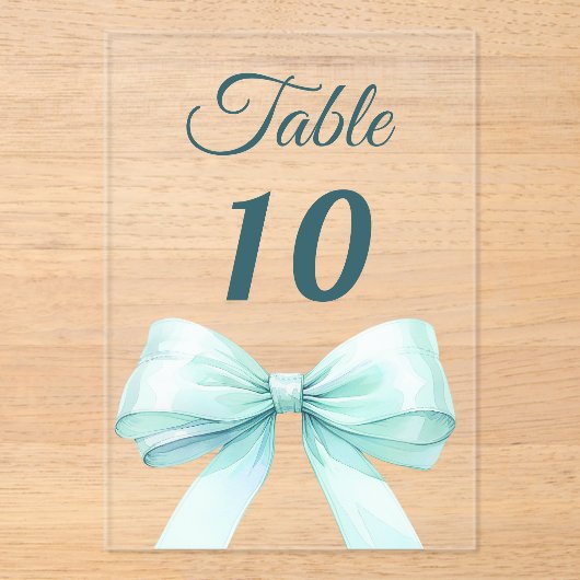 Teal green bow acrylic table number sign acryl uitnodigingen (Voorkant)