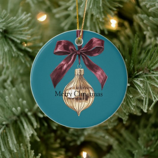 Teal Green Burgundy Bow Gold Ornament Christmas (Boom)