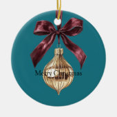 Teal Green Burgundy Bow Gold Ornament Christmas (Voorkant)