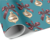 Teal Green Burgundy Bow Gold Ornament Christmas Cadeaupapier (Rol Hoek)