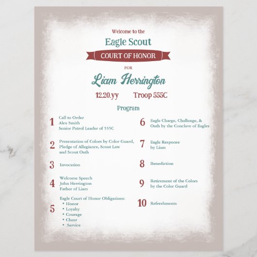 Teal Green, Burgundy Eagle Court of Honor Program Flyer (Voorkant)