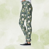 Teal Green Chinoiserie Tropical White Gold Floral Leggings