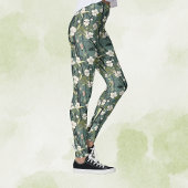 Teal Green Chinoiserie Tropical White Gold Floral Leggings