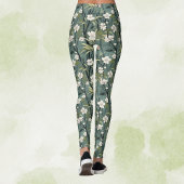 Teal Green Chinoiserie Tropical White Gold Floral Leggings