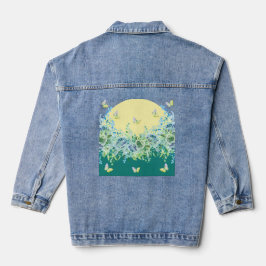 Teal Green Floral Butterfly Denim Jacket