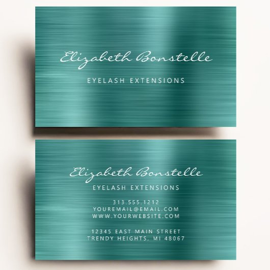 Teal Green Geborsteld Metaal Script Wimper Extensi Visitekaartje