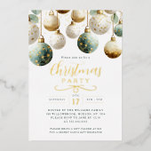 Teal Green Golden Baubles Christmas Party  Folie Uitnodiging (Voorkant)