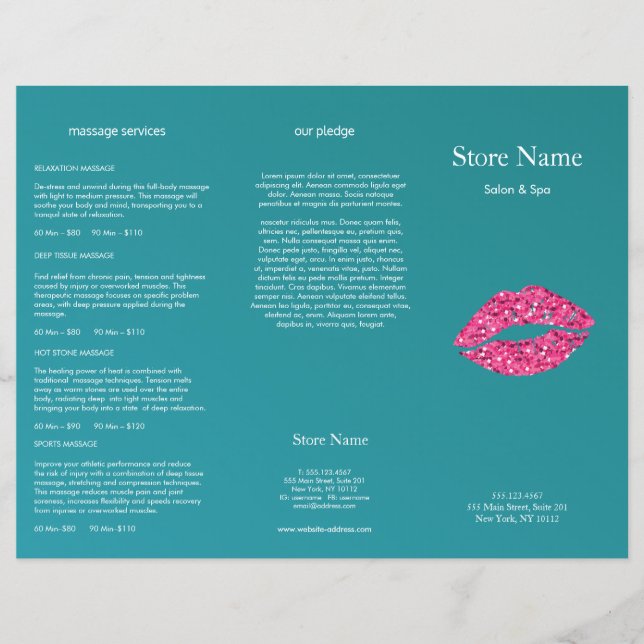 Teal Green Lips Beauty Salon Drie Voudige Brochure (Voorkant)