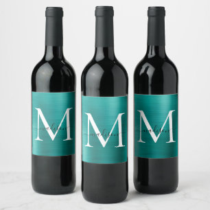 Teal Green Monogram Girly Script Metallic Steel Wijn Etiket