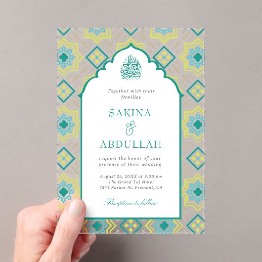 Teal Green Persian Mosaic Muslim Wedding Acryl Uitnodigingen (Insitu (Draagbaar))