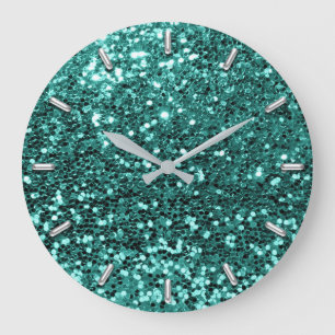 Teal Greenery Aqua Sparkly Faux Glitter Gray Glam Grote Klok