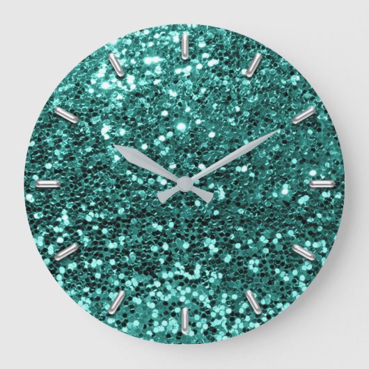 Teal Greenery Aqua Sparkly Faux Glitter Gray Glam Grote Klok (Voorkant)