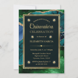 Teal, Groen en Gouden Glitter Agate Quinceanera Kaart