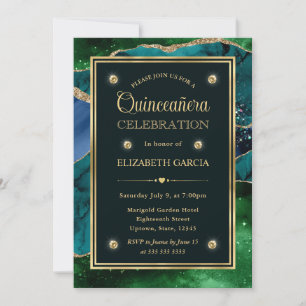 Teal, Groen en Gouden Glitter Agate Quinceanera Kaart
