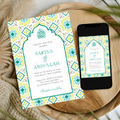 Teal Groen Perzisch Mozaïek QR Code Moslim Bruilof Kaart