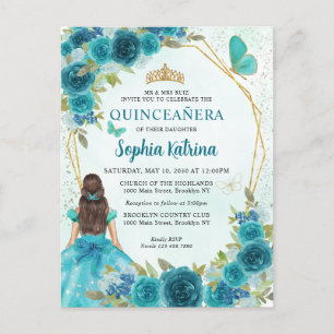 Teal Groene Glam Gouden Bloemige Princess Quinceañ Uitnodiging Briefkaart