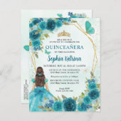 Teal Groene Glam Gouden Bloemige Princess Quinceañ Uitnodiging Briefkaart (Voorkant / Achterkant)