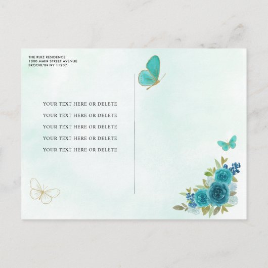 Teal Groene Glam Gouden Bloemige Princess Quinceañ Uitnodiging Briefkaart (Achterkant)