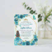 Teal Groene Glam Gouden Bloemige Princess Quinceañ Uitnodiging Briefkaart (Staand voorkant)