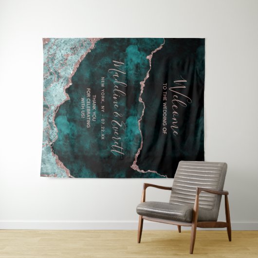 Teal Groene Roze Gouden Agate Marmeren Trouw Welko Wandkleed (In Situ (horizontaal))