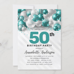Teal groene zilveren ballon glitters 50ste verjaar kaart