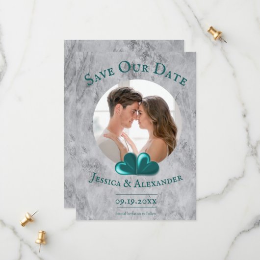 Teal Hearts Foto Bewaar de Datum Save The Date (Voorkant / Achterkant in situ)