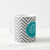 Teal Houtskool Chevron Aangepast Monogram Koffiemok (Voorkant links)