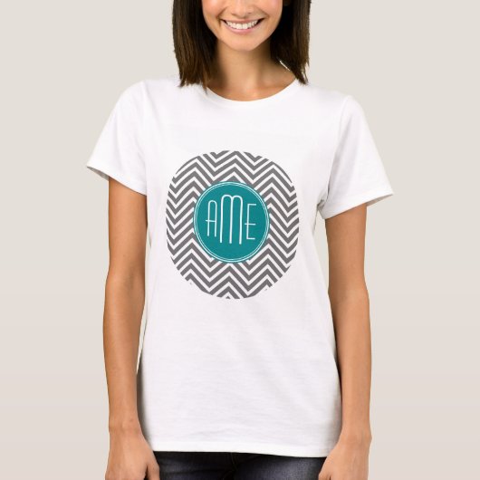 Teal Houtskool Chevron Aangepast Monogram T-shirt (Voorkant)