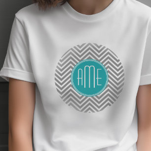 Teal Houtskool Chevron Aangepast Monogram T-shirt
