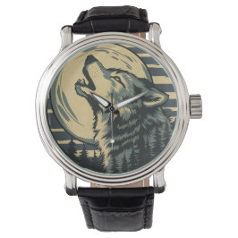Teal Howling Wolf Moon Art Horloge
