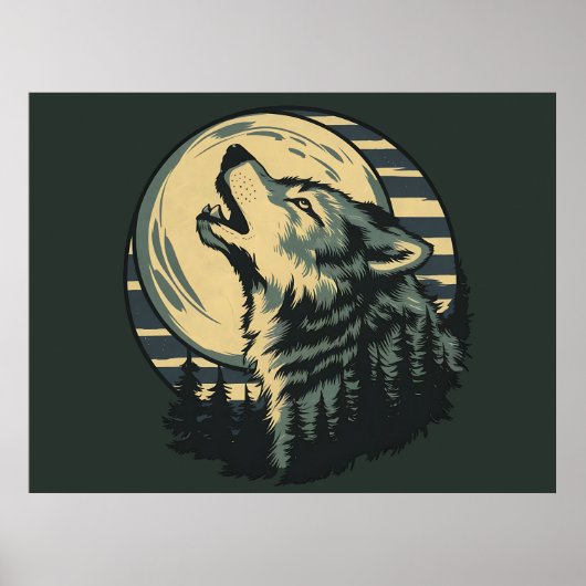 Teal Howling Wolf Moon Art Poster (Voorkant)