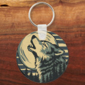 Teal Howling Wolf Moon Art Sleutelhanger (Voorkant)