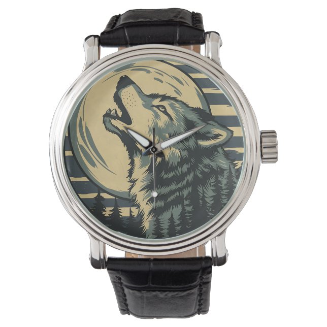 Teal Huilende Wolf Maan Kunst Horloge (Voorkant)