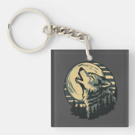 Teal Huilende Wolf Maan Kunst Sleutelhanger (voorkant)