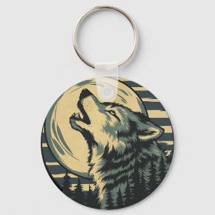 Teal Huilende Wolf Maan Kunst Sleutelhanger