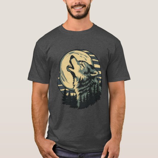 Teal Huilende Wolf Maan Kunst T-shirt (Voorkant)