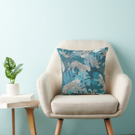 Teal Jungle Luipaard en Tropische Monstera Bladere Kussen
