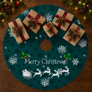 Teal kerstman slee en rendier boomrok fleece kerstboom rok