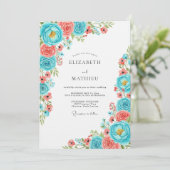 Teal Koraal Bloemige Whimsy Bruiloft Kaart (Staand voorkant)